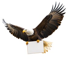 Fototapeta premium Majestic Bald Eagle Flying with a Blank Sign in Its Talons