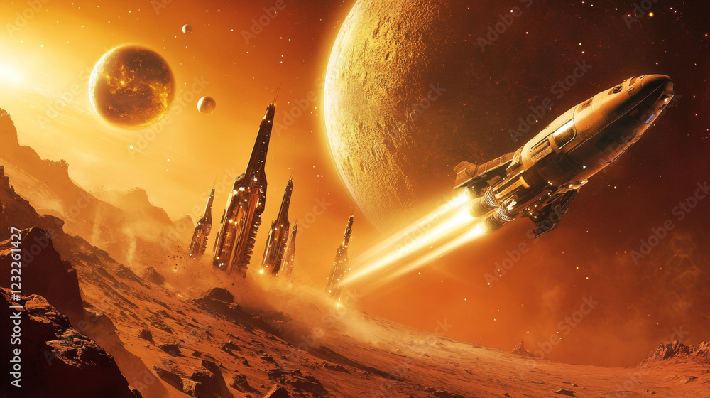 Poster galaxy space game level map on mars planet vector background. flying platform on martian desert cart