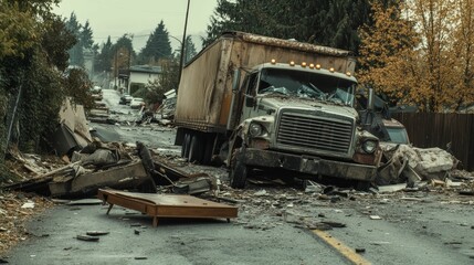 Obraz premium Damaged truck and debris on a road, gray day.