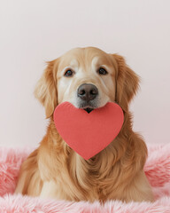 Golden retriever holding a red heart on a pink fluffy blanket for Valentine's Day
