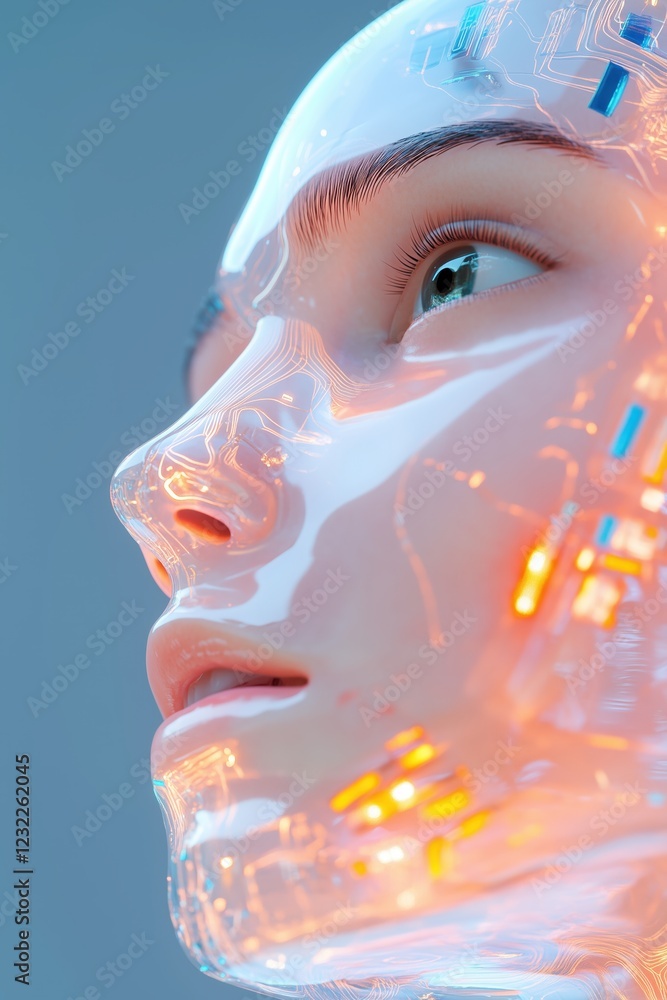 Poster close up of a humanoid face with illuminated circuits, symbolizing advanced artificial intelligence 
