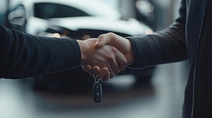 A conceptual image of car selling, featuring a handshake between the buyer and seller, with the car blurred in the background and a key in hand, symbolizing agreement