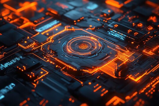 Modern tech interfaces blending into an abstract presentation space, with sharp lines, glowing edges, and dynamic patterns adding contrast and depth.