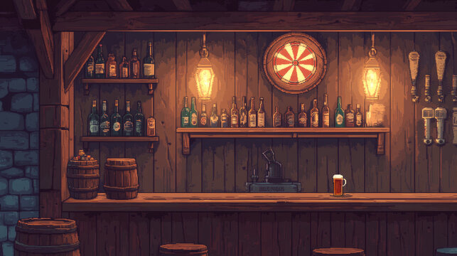 Old tavern, vintage pub with wooden bar counter, shelf with bottles, lanterns and beer mug on table. Vector cartoon empty interior of retro saloon with barrel and darts target on wall
