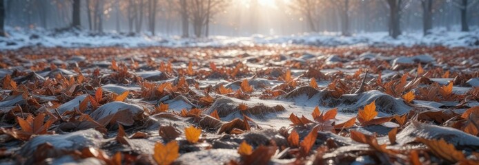 Frost-covered ground with a thick layer of fallen leaves and branches, winter wonderland effect, crunchy texture, leaf litter