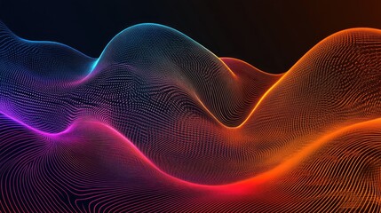 Fototapeta premium Sound waves visualized with colorful lines, neon black background.