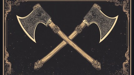 Intricate Double-Headed Axe Illustration for Designs. Versatile Flat Decorative Weapon Art for Creatives to Use. High-Quality Rendering of Unique Ancient Tool with Ornate Details.