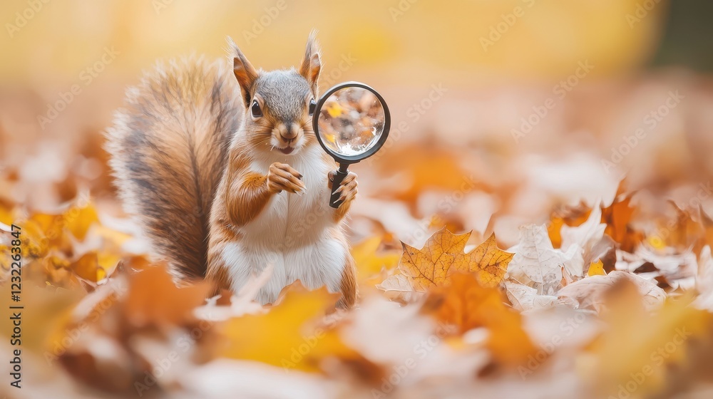 Poster squirrel using magnifying glass in autumn leaves, solving mysteries in a beautiful natural setting