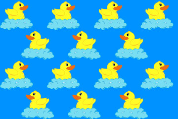 Fototapeta premium Cute yellow duck in bubbly water on blue background. Rubber duck to water. Cartoon. Vector. Illustration. Doodle design, tile, background, repeat, wallpaper, scarf, isolated, cartoon, blue
