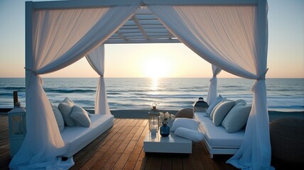 Obraz premium Sun, Sea, and Style: A Greek-Inspired Canopy Lounge by the Shore