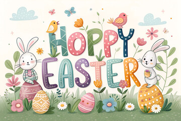 Fototapeta premium Colorful Easter illustration with playful typography, bunnies, eggs, and floral decorations. Hoppy Easter greeting card design