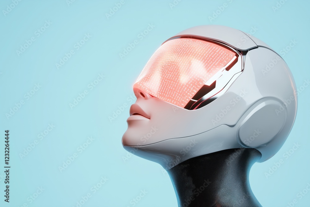 Poster futuristic ai robot wearing a helmet with a glowing visor displaying a data stream, showcasing advan