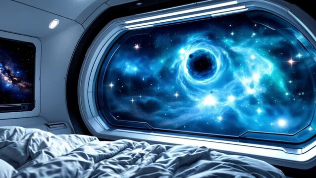 iew from a bedroom berth in a futuristic sci fi spaceship interior view of a cozy bed with a view of a galaxy out of the window futuristic concept art generative ai