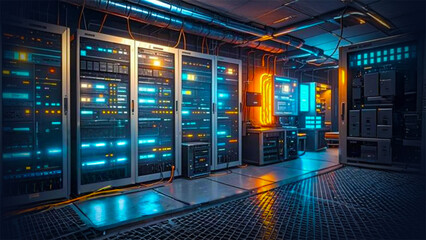 a modern data center with multiple server racks, filled with networking and computing equipment. The racks are illuminated with blue and yellow lights, indicating active status