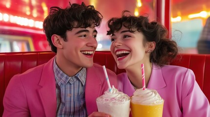 Young couple wearing pink jackets, laughing and enjoying milkshakes in a brightly colored retro diner