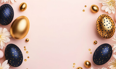 Fototapeta premium Easter flat lay with gold and navy eggs, elegant dotted accents, on pastel pink for e-commerce banners.
