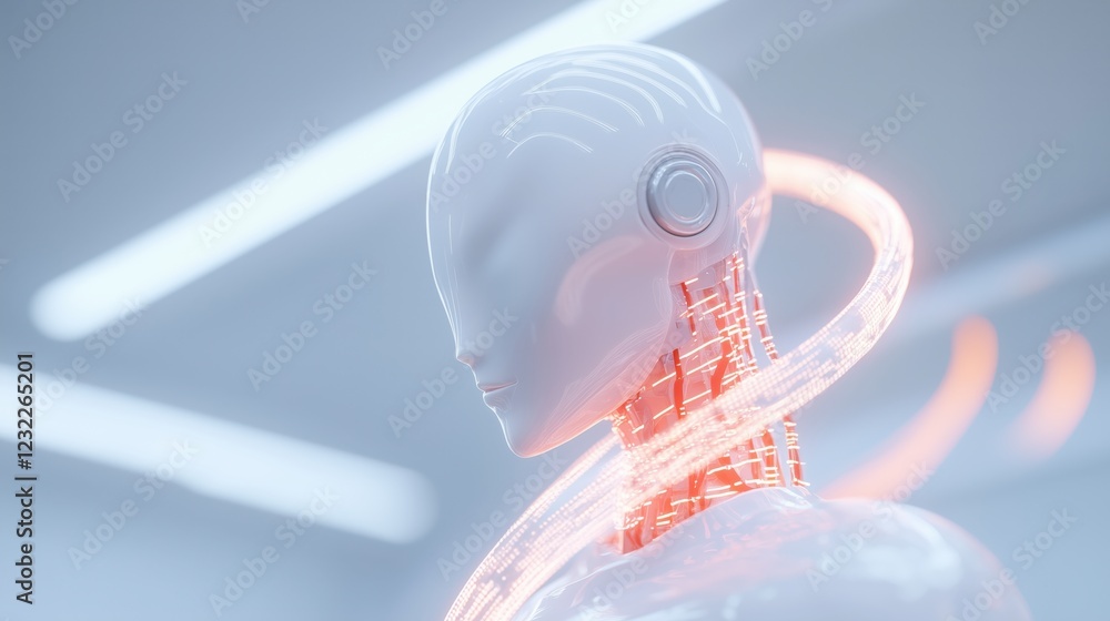 Poster futuristic humanoid ai robot showing data flow with orange lights, symbolizing artificial intelligen