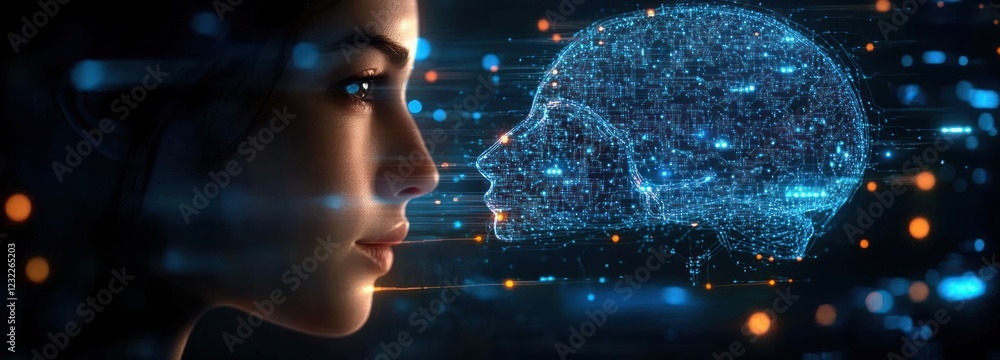 Aufkleber futuristic cyberpunk businessman using ai and tablet to enhance neural network and cognitive analysi