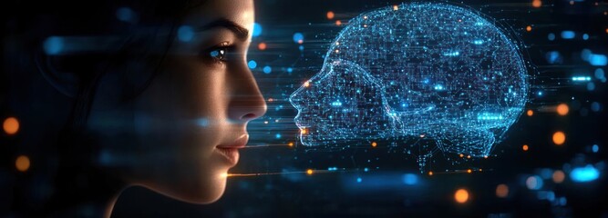 Futuristic Cyberpunk Businessman Using AI and Tablet to Enhance Neural Network and Cognitive Analysis in Technology Development