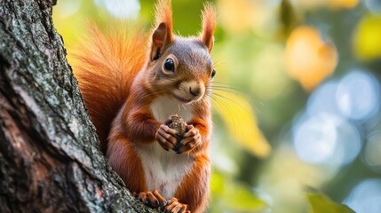 Obraz premium A fluffy red squirrel with a nut perched on a tree branch in autumn scenery