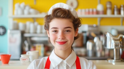 Young waitress with a kind smile standing in a retro style diner. Bright colors and vintage decor create a welcoming and cheerful atmosphere