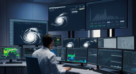Meteorologist monitors hurricane patterns and data on multiple screens in a control room, focusing on storm developments and weather analytics