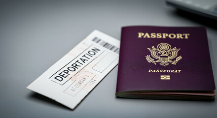 American passport and deportation boarding pass placed on a gray table, representing the concept of illegal immigration and expulsion