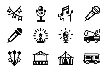Create a clean, line-art icon set depicting various festival and event types;  editable vector format.  Include diverse celebrations.