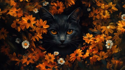 Gray cat hidden autumn flowers garden