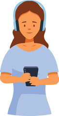 Smiling woman wearing headphones and holding smartphone, enjoying music or podcast