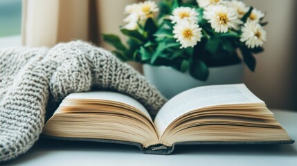 Cozy Reading Nook: Open Book, Knit Sweater, and Daisies