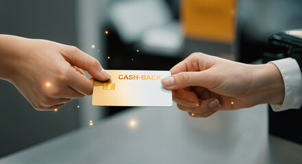 Hands exchanging a cash back credit card at a point of sale, highlighting the concept of rewards programs and modern payment methods
