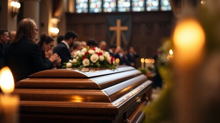 A funeral ceremony inside a church, with a wooden casket surrounded by floral arrangements.