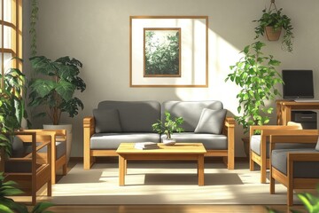 Sunlit living room with wooden furniture, plants, and gray sofa.