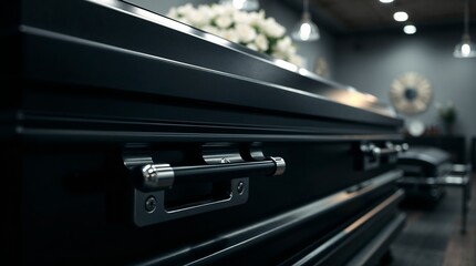 Obraz premium A black casket at a funeral service, highlighting the details of the handles and elegant finish.