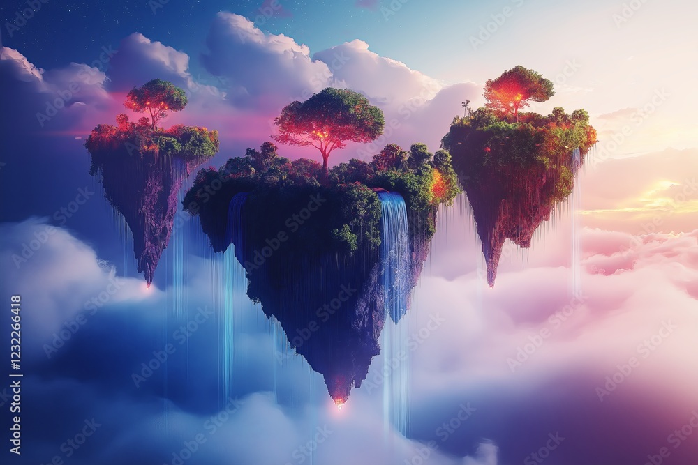 Poster A surreal landscape with floating islands, waterfalls cascading into the clouds