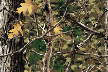 Realtree seamless camouflage with tree trunks and fallen leaves