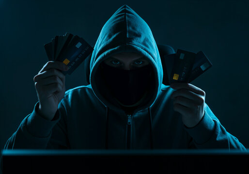Hooded hacker displaying stolen credit cards while engaging in cyber crime, highlighting the risks of data breaches and online fraud
