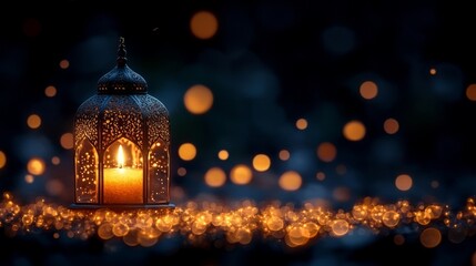 A Glowing Lantern Sits On A Bed Of Sparkling Lights, Creating A Warm, Inviting Atmosphere. Perfect For Ramadan Or Other Celebrations.