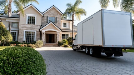 Moving truck stands ready in front of a charming house, highlighting tropical palm trees and pristine landscaping