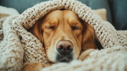 Cozy golden retriever snuggled in a soft blanket on a comfy couch