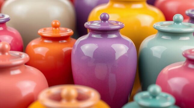 A variety of brightly colored cremation urns are displayed together, representing personalized choices for storing ashes in a unique and respectful way.