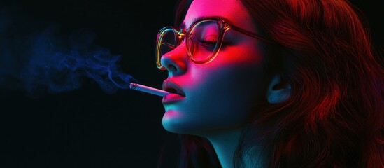Obraz premium Neon Nights: A Woman Smoking a Cigarette Under Vivid Lighting