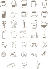 Abstract doodle cafe and restaurant icon sign for decoration on coffee cafe shop.