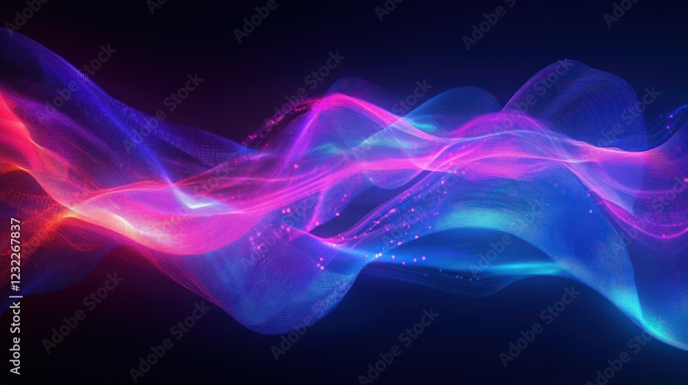 Poster dynamic abstract digital art flowing lines blue pink neon glow ai technology data analysis visualiza