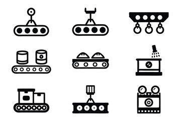 Editable icons depicting a food processing production line conveyor belts, machinery, packaging, quality control.  Ideal for infographics and presentations.