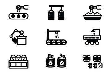 Create a vector icon set depicting various stages of food processing, including harvesting, packaging, and quality control.  Icons should be editable and easily scalable.