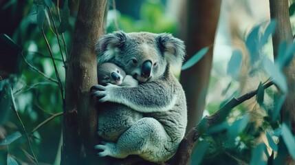 Obraz premium Koala mother with baby on back Ultra HD eucalyptus