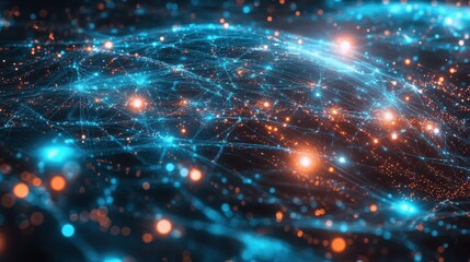 Fototapeta premium A global commerce network visualized through intricate digital pathways, glowing circuits, and blockchain-inspired holographic elements.