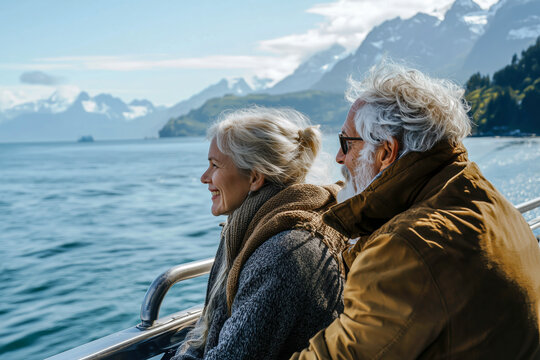 Senior couple enjoys scenic boat ride, breathtaking mountain views.